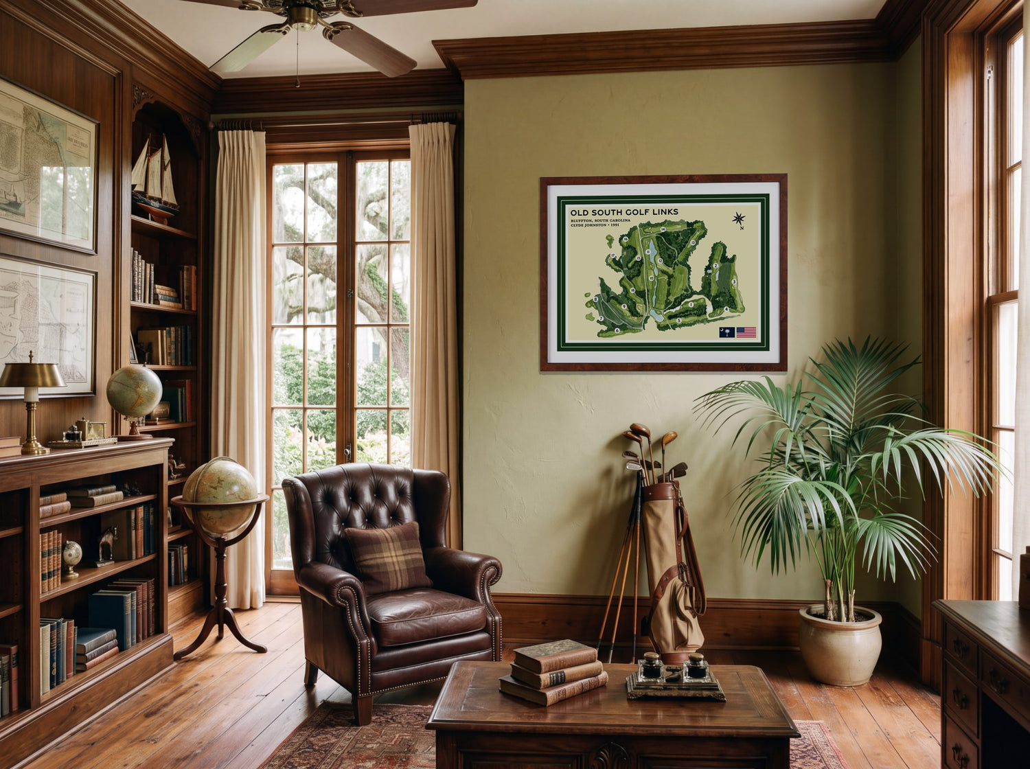 Old South map framed in a clubhouse study